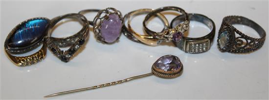 Two 18ct gold, diamond set rings and other silver items